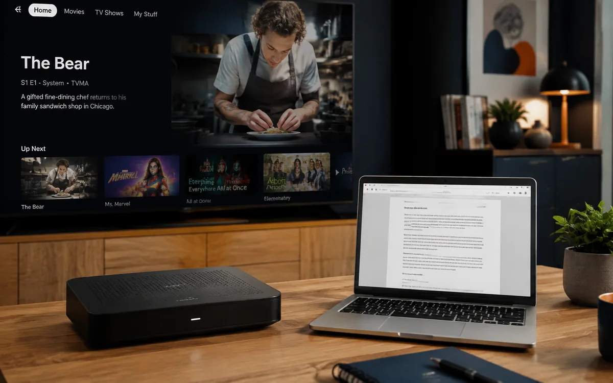 Broadband router, laptop bundle comparison, and smart telly in an Irish living room