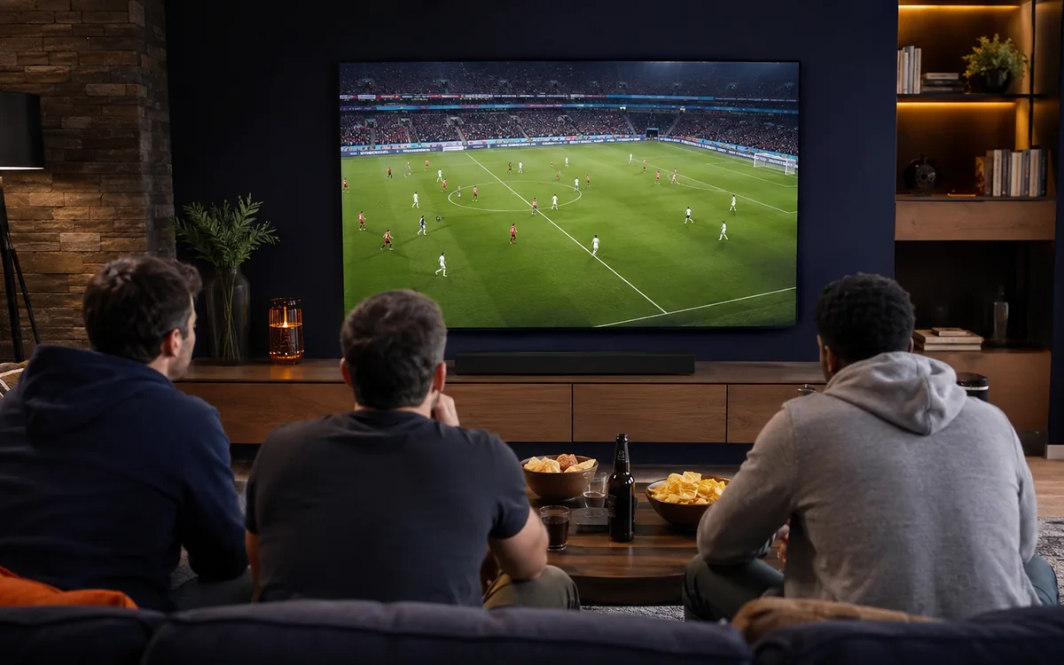 Friends watching live sport on a smart telly at home