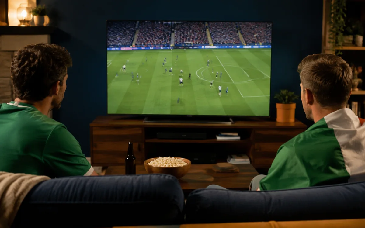 Irish football fans watching a match on a smart telly at home