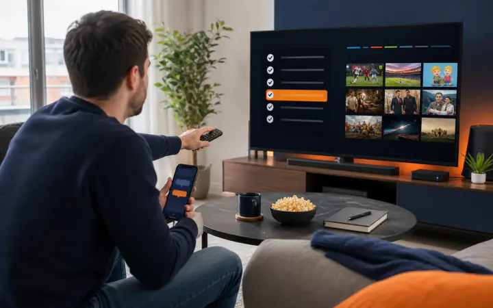 Spectateur irlandais démarrant un essai IPTV gratuit sur une télé connectée et un téléphone