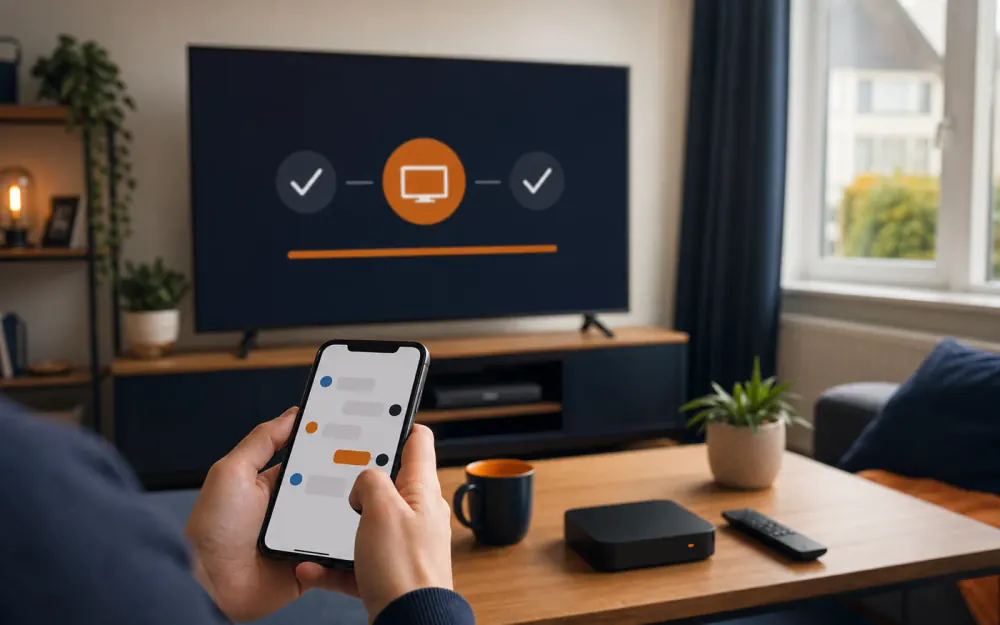 A phone setup screen and smart telly showing IPTV setup progress in a modern Irish home