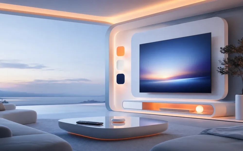A living room with the telly on in the evening, no card needed to try it