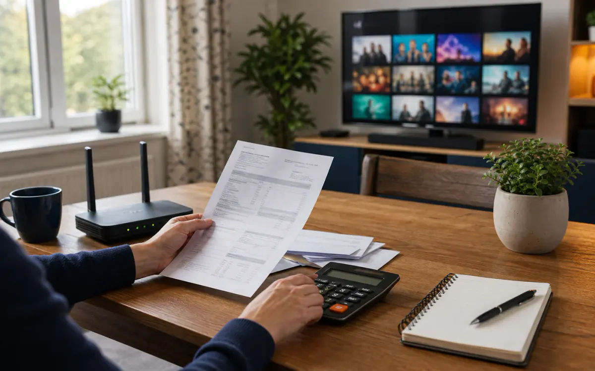 Broadband bill, router, calculator, and smart telly for an Irish bundle comparison