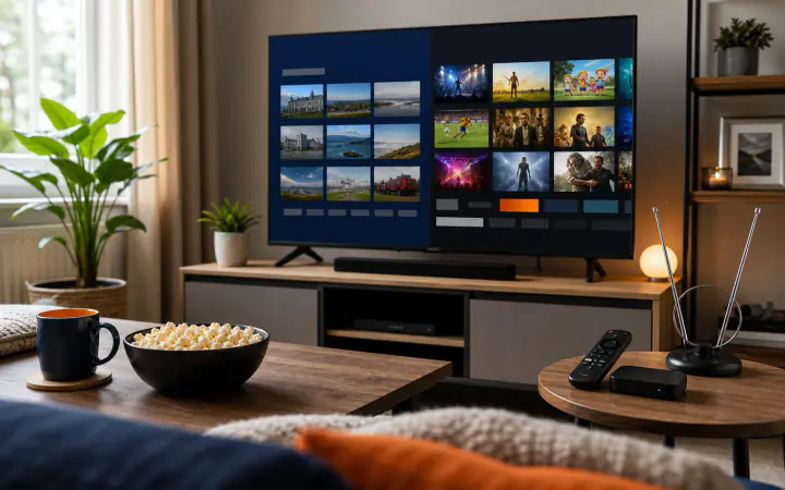 Salon irlandais comparant les chaînes télé gratuites avec les vignettes de streaming IPTV