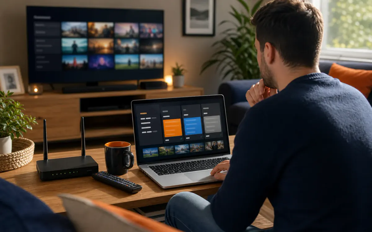 Broadband router, laptop bundle comparison, and smart telly in an Irish living room