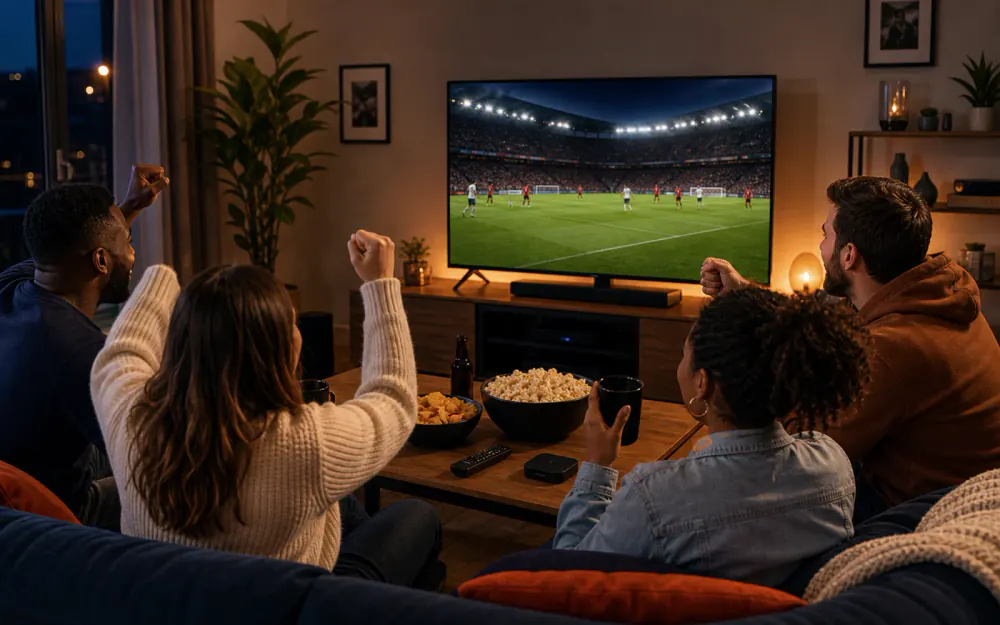 Friends watching live sport on a smart telly at home