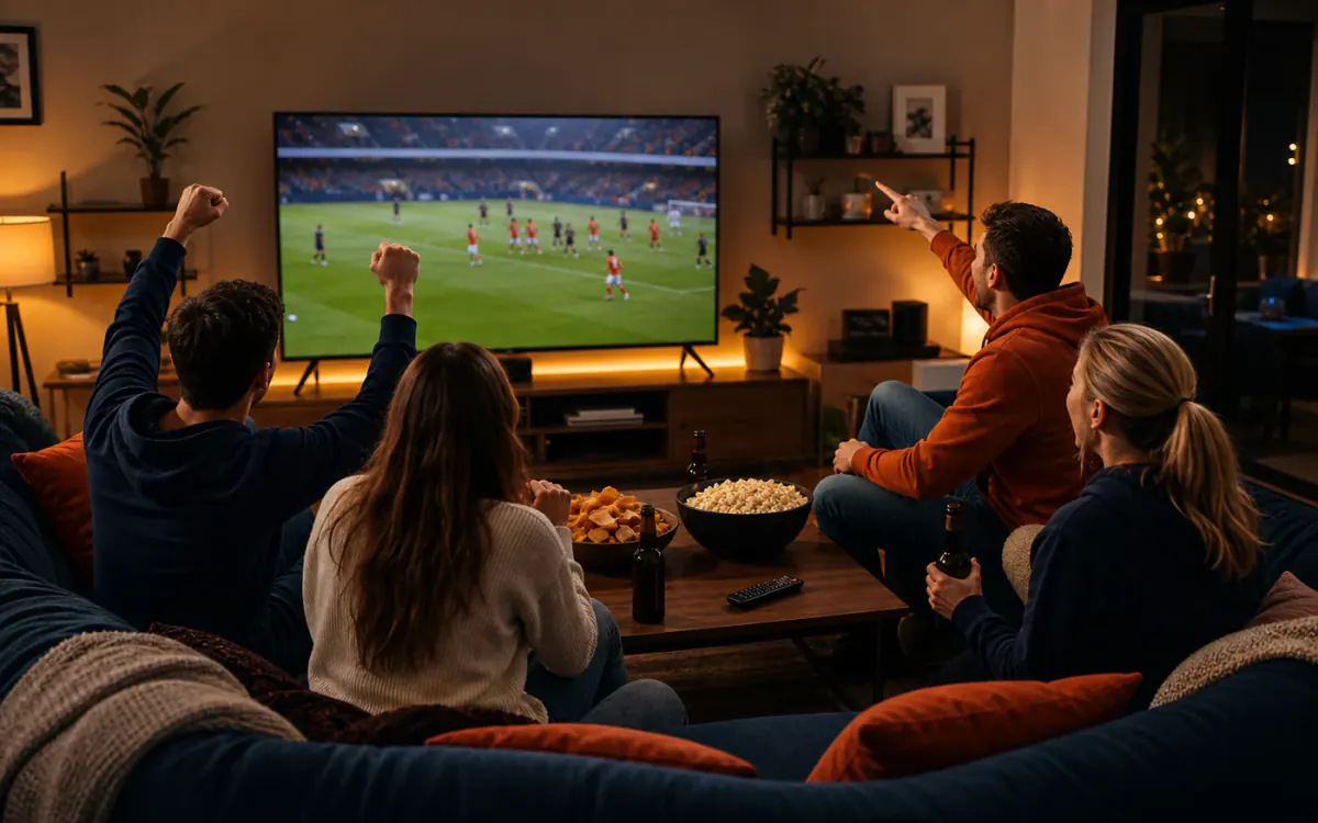 Irish football fans watching a match on a smart telly at home