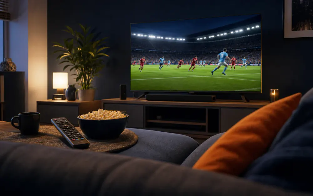 A smart telly showing a football match with a streaming remote and snacks on the table