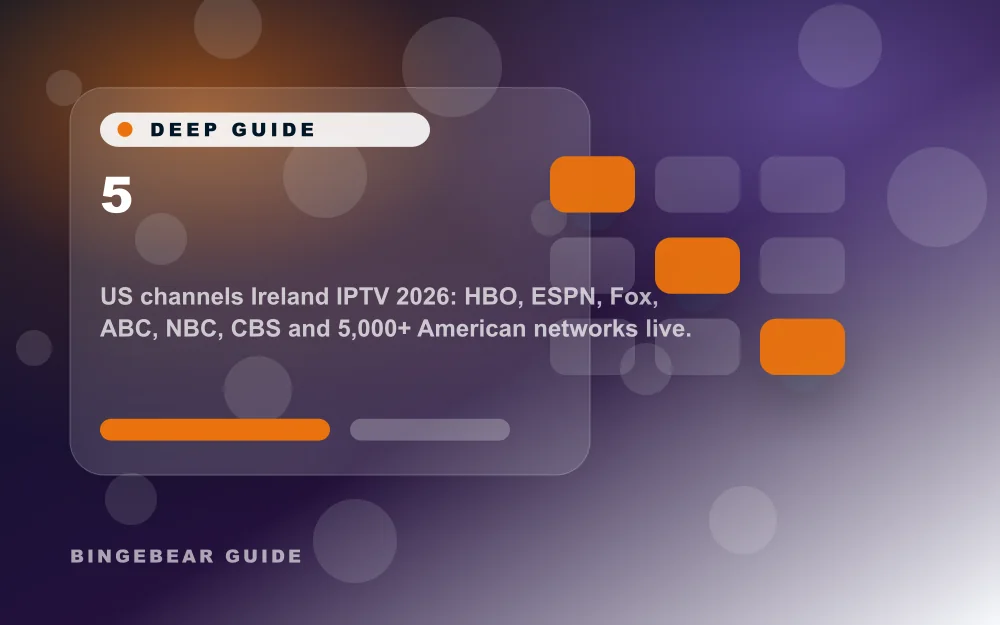 5 - US channels Ireland IPTV 2026: HBO, ESPN, Fox, ABC, NBC, CBS and 5000+ American networks live. BingeBear has two one-off options: The Taster is €100 for 10 months, and The Owner is €300 for lifetime access. Neither plan renews automatically. Free 24-hour trial.