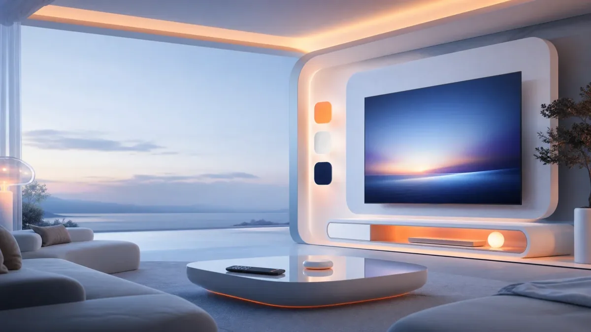 A living room with the telly on in the evening
