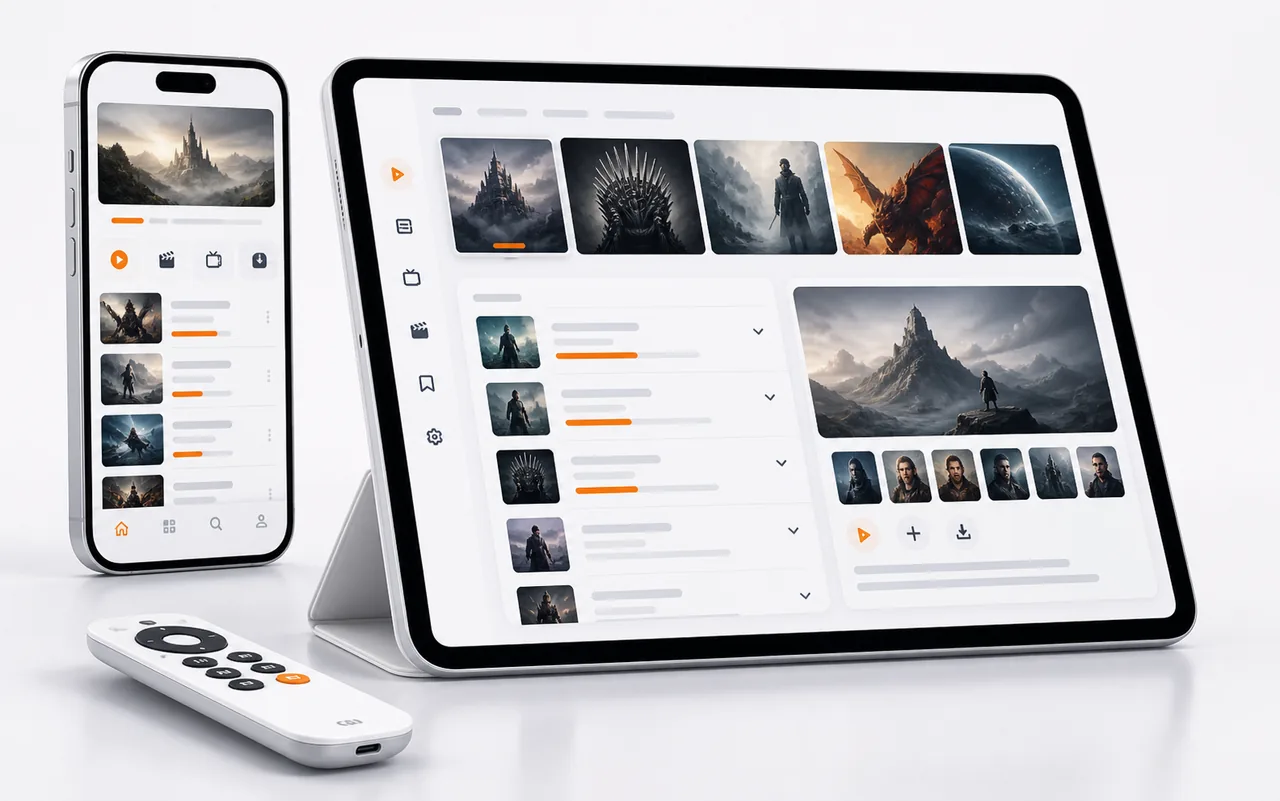Premium series and episode library interface on tablet and phone screens