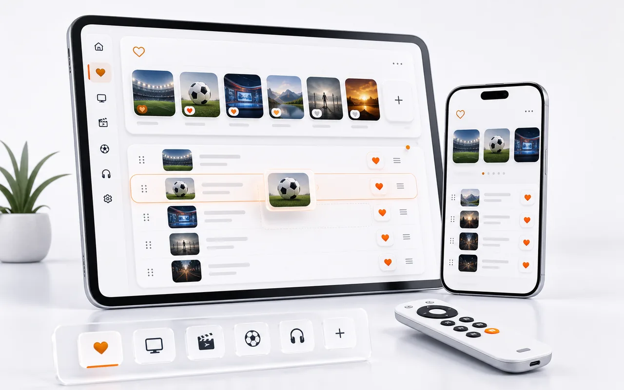 Premium favourites interface with pinned channels and heart icons