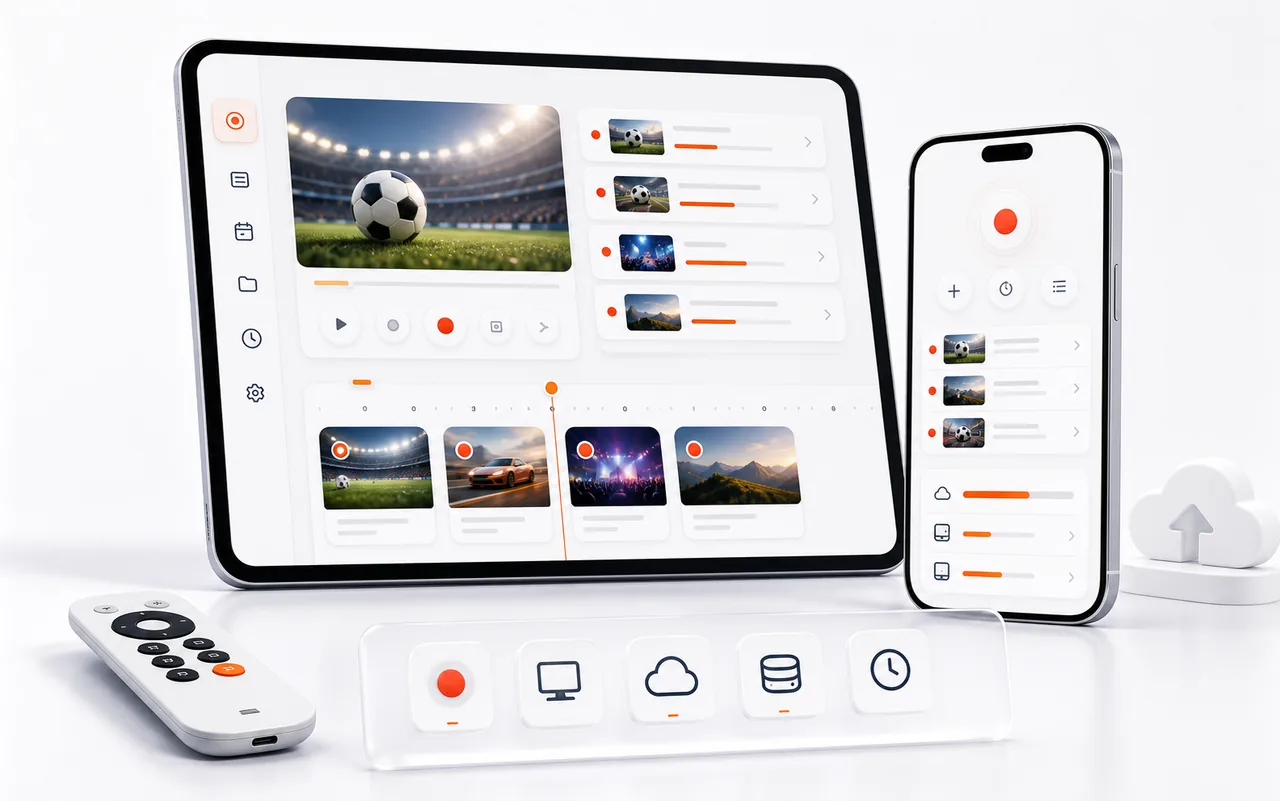 Premium recording controls and saved programme interface on tablet and phone screens