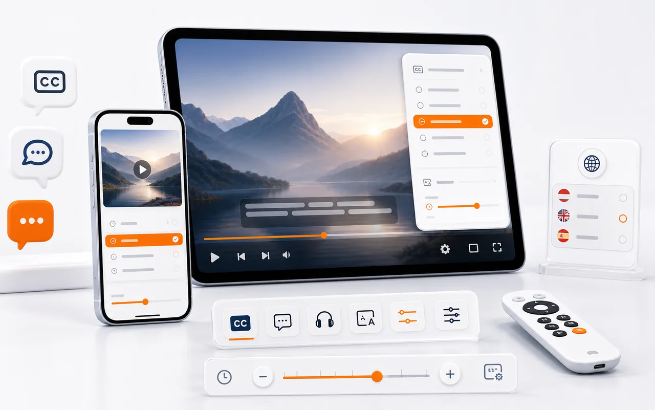 Premium streaming player interface with subtitle control panels