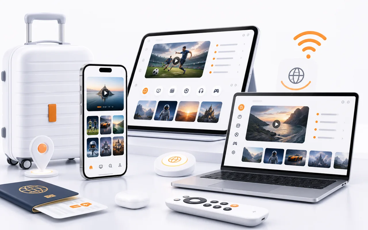 Premium travel streaming setup with phone, tablet, laptop, and Wi-Fi icons