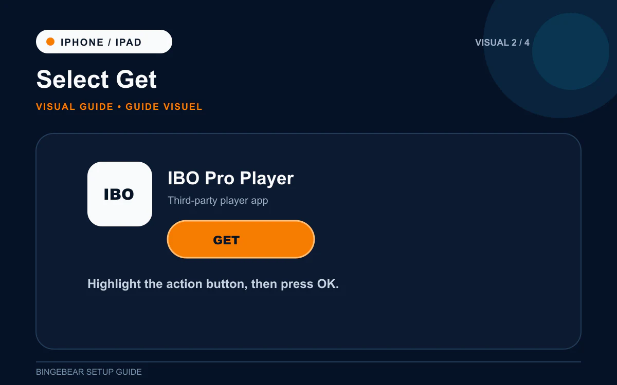 IBO Pro Player App Store listing on iPhone with Get button highlighted