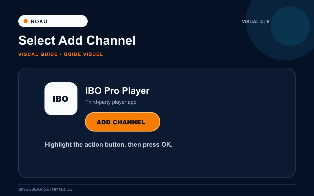 IBO Pro Player Roku Channel Store page with Add Channel button