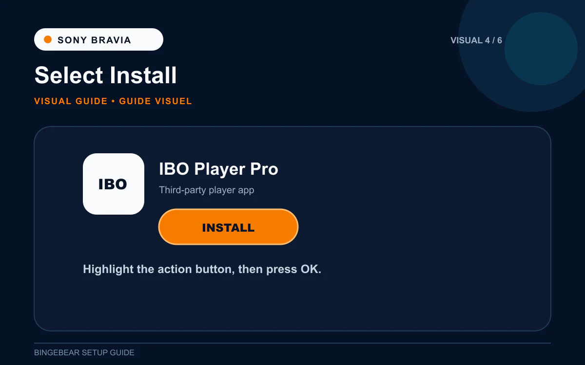 IBO Player Pro Google Play page on Sony with Install button highlighted