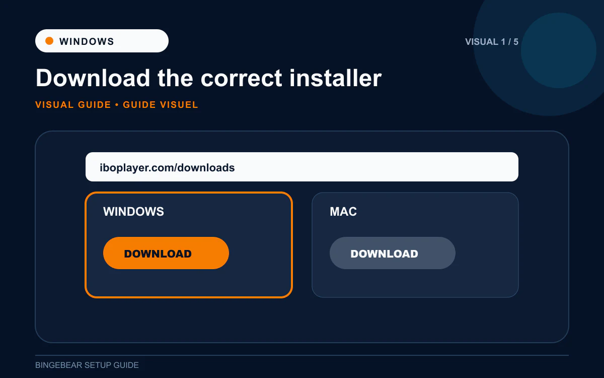 Edge browser on Windows showing iboplayer.com downloads page with the Windows installer highlighted