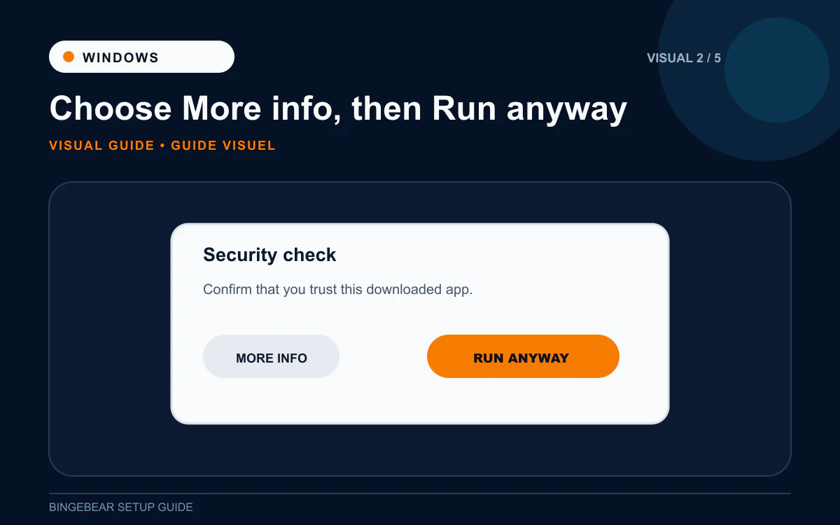 Windows SmartScreen warning showing the More info link and Run anyway button