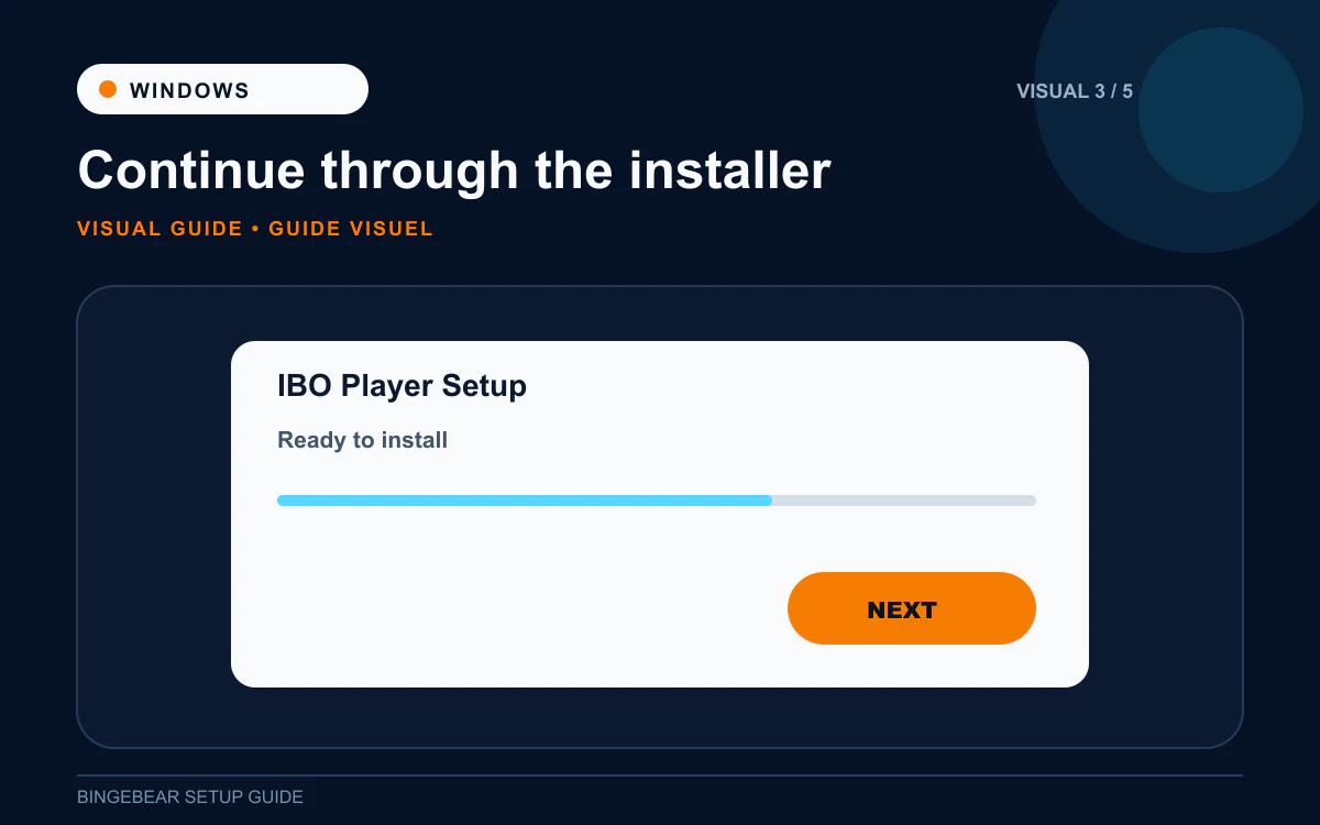 IBO Player Windows installer showing the Next button