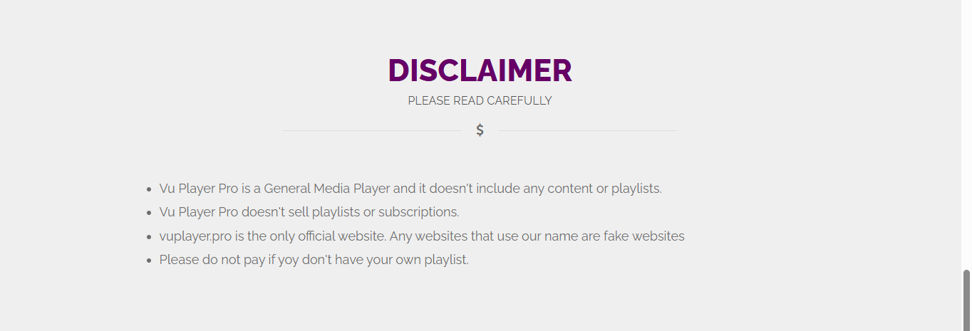 Disclaimer of Vuplayer pro 